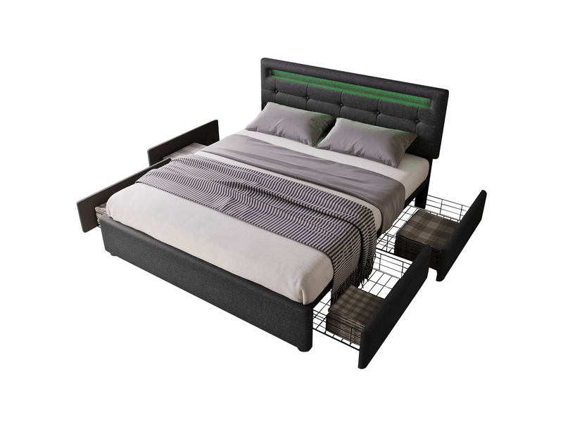 Lit 140x200 cm avec tête de lit led réglable, 4 tiroirs, sommier bois capitonné noir, sans matelas - Conforama D