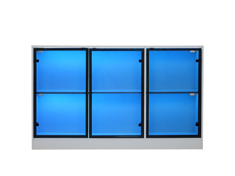  Vitrine led 120 x 30 x 73 cm - blanche - verre gris trempé, éclairage multicolore et fermeture douce  - Conforama D