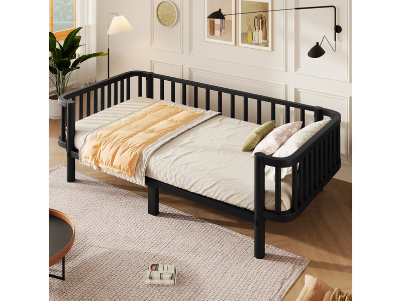 Lit simple 90x200 cm en métal noir avec sommier à lattes  - Conforama B