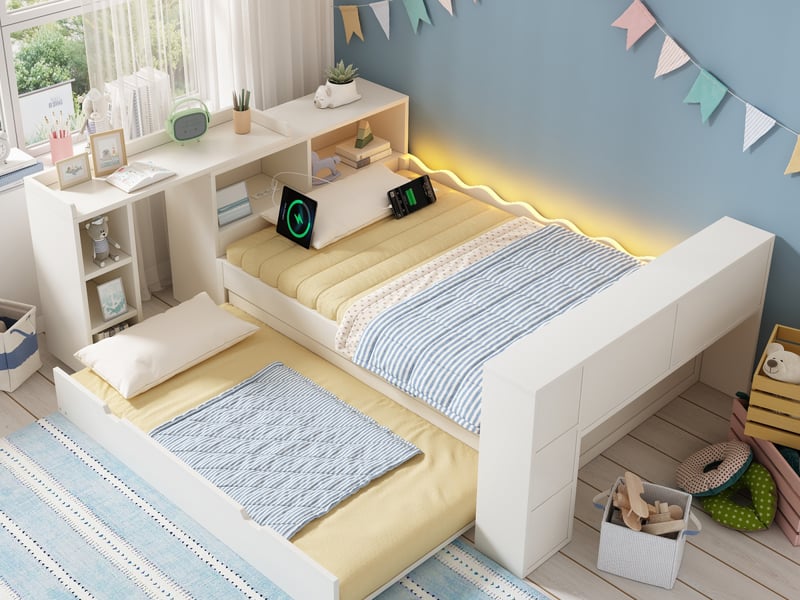  Lit fonctionnel enfant 90x200 cm blanc avec lit gigogne, bureau extractible, led et prises usb, rangements  - Conforama B
