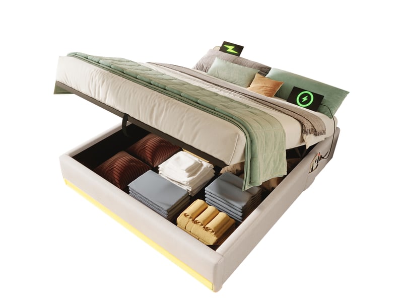  Lit coffre 90x200 cm - lit déco avec port usb et type-c - lin + mdf - sans matelas - beige  - Conforama A