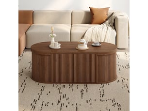 Table basse ovale 100x50x35 cm - rangements avec ouvertures relevables - mdf et panneaux de particules - noyer