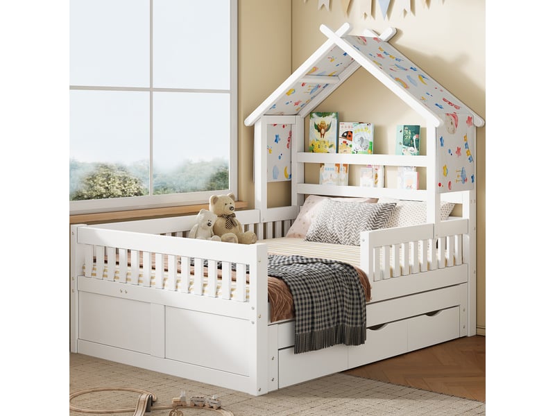  Lit maison 140x200 cm blanc, avec lit tirant, 3 tiroirs, garde-corps, structure bois, sommier inclus, sans matelas  - Conforama R