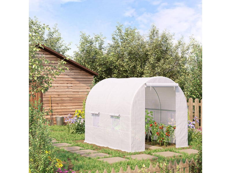  Serre tunnel de jardin 5m², serre de jardin tunnel avec porte et 4 fenêtres, bâche pe 140 gm² 245 x 200 x 200 cm blanc  - Conforama D