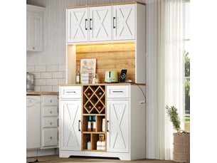 Buffet de cuisine haut 105 x 40 x 180 cm – naturel et blanc – led rgb, prises usb et casier à vin amovible