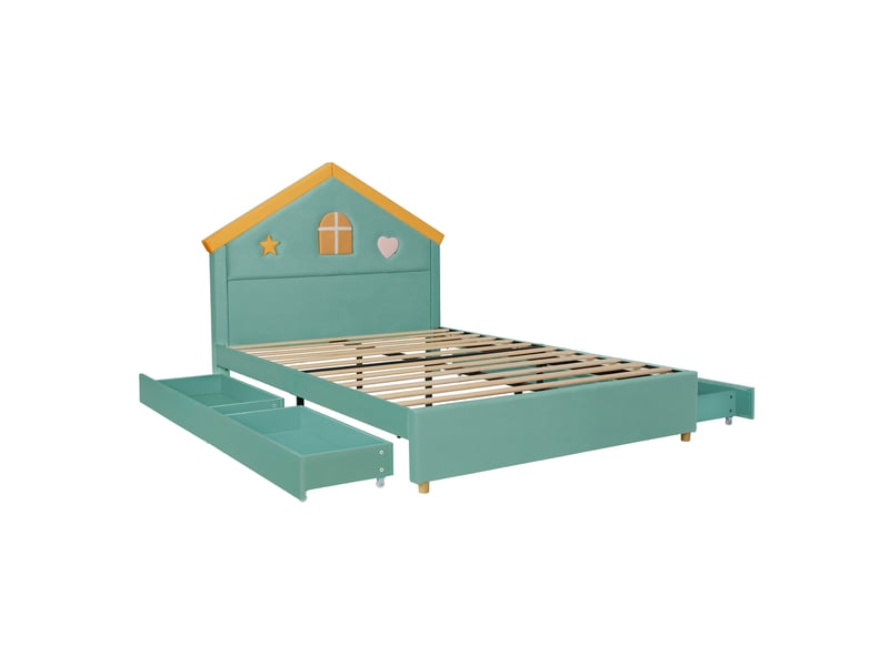  Lit cabane enfant rembourré 140×200 cm avec 4 tiroirs, velours bleu canard  - Conforama E