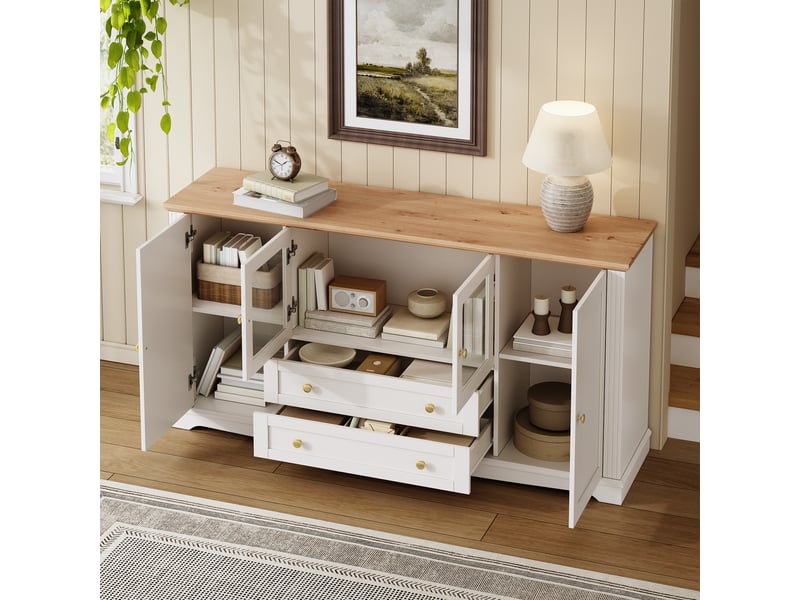 Buffet bas 160 x 40 x 80,5 cm en mdf avec led pilotable par application, 4 portes dont 2 vitrées et 2 tiroirs - blanc Fay Lum - Conforama D
