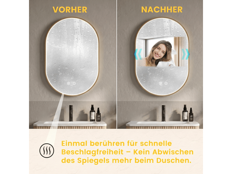  Miroir de salle de bains ovale led 50 x 80 cm doré, cadre en alliage d'aluminium brossé, éclairage réglable  - Conforama D