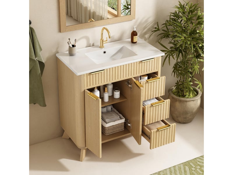 Meuble de salle de bain - 81x47x90cm - meuble sous-vasque avec vasque céramique, 2 portes soft-close & 3 tiroirs - bois naturel - Conforama C
