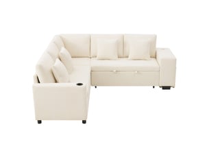 Canapé d'angle convertible 5 places en tissu beige avec rangement, usb et usb-c, idéal pour le salon