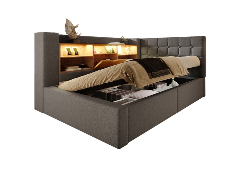 Lit coffre 90x200 cm éclairage led et ports usb, en lin gris  - Conforama A