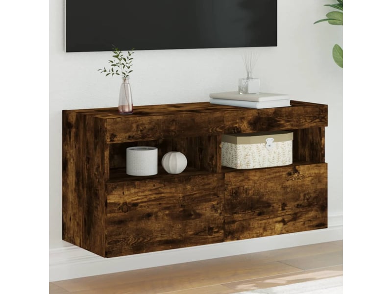  Meuble tv - banc tv - meuble de rangement mural avec lumières led chêne fumé 80x30x40 cm  - Conforama B
