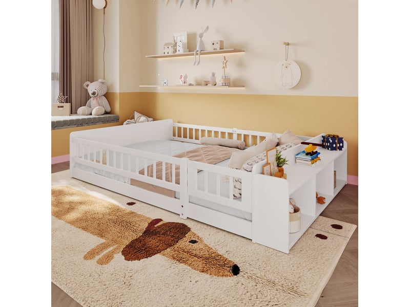  Lit enfant 140 x 190 cm en bois de pin et mdf blanc avec rangement ouvert  - Conforama D