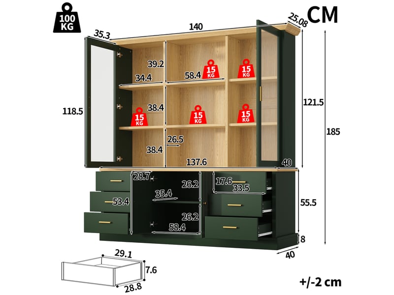  Buffet haut 140x40x185cm avec 6 grands tiroirs, portes vitrées et dispositif anti-basculement, meuble de rangement pour cuisine et salle à manger, vert evarich - Conforama C