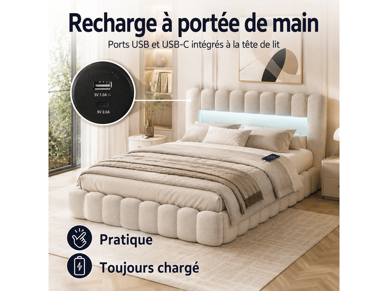  Lit coffre 160x200cm avec rangement et sommier à lattes -  lit bubble 2 personnes - cadre de lit - lit rembourré lit double hydraulique avec éclairage led port usb rangement et sommier à latte - tissu en lin - chambre adulteado …  - Conforama R