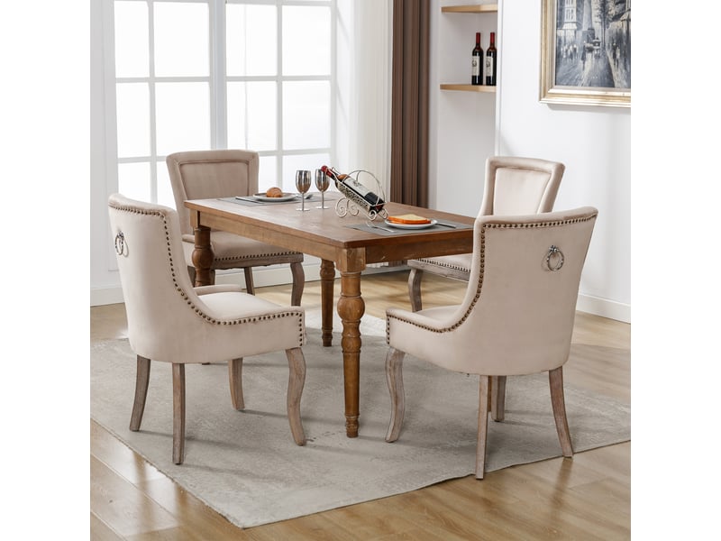 Chaises de salle à manger 4 pcs, capitonnage clouté en velours beige et pieds en bois massif.  - Conforama B