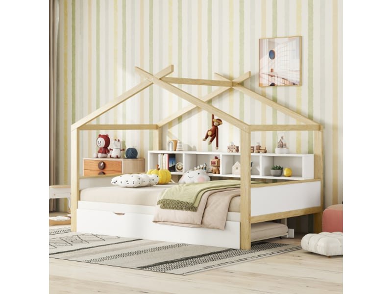  Lit cabane 140x200 cm, lit double avec lit gigogne, 4 compartiments de rangement, en bois, blanc, sans matelas  - Conforama C