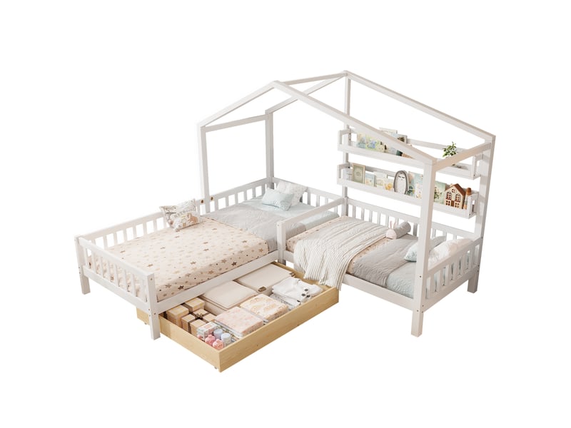  Lit cabane enfant 90x200 cm et 70x140 cm en l avec tiroirs, coloris blanc  - Conforama A