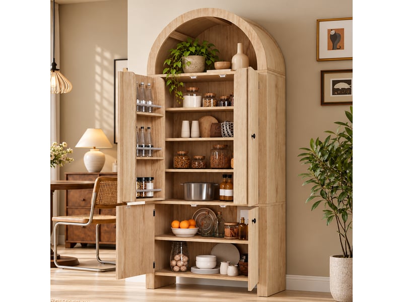  Buffet haut 78x40x180 cm avec design en arche, portes à lattes, tiroirs et rangements de porte, vaisselier pour cuisine et séjour, bois naturel OPULERANE TRADING LTD - Conforama E
