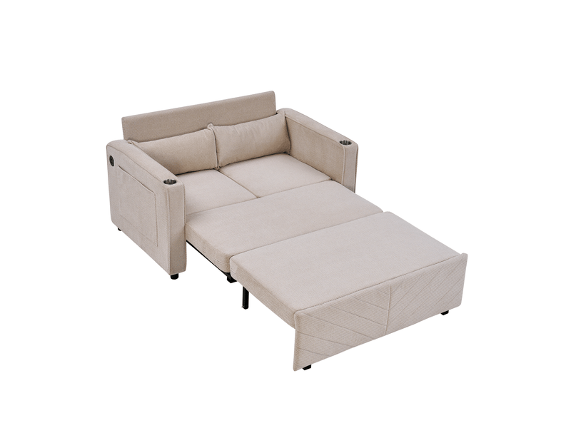 Canapé convertible 2 places coulissant avec ports usb - fonction méridienne, structure en bois, tissu - beige - Conforama A