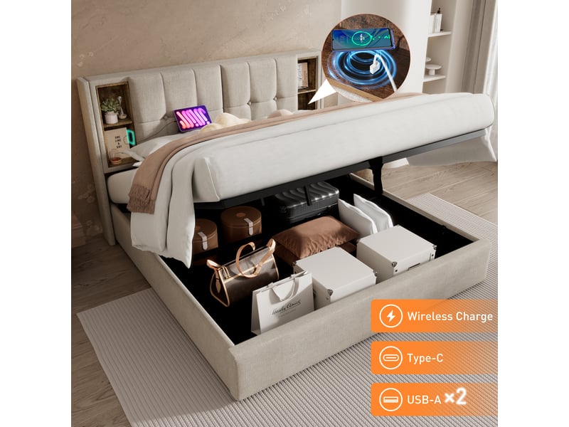  Lit double rembourré 160x200 cm avec recharge sans fil usb-c, couleur naturelle, cadre de lit adulte avec matelas  - Conforama C