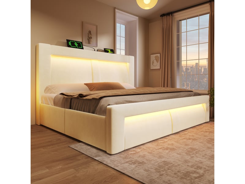  Lit coffre 160x200 velours beige avec matelas inclus, lit double avec rangement hydraulique, led connectée et ports usb, tête de lit incurvée  - Conforama W