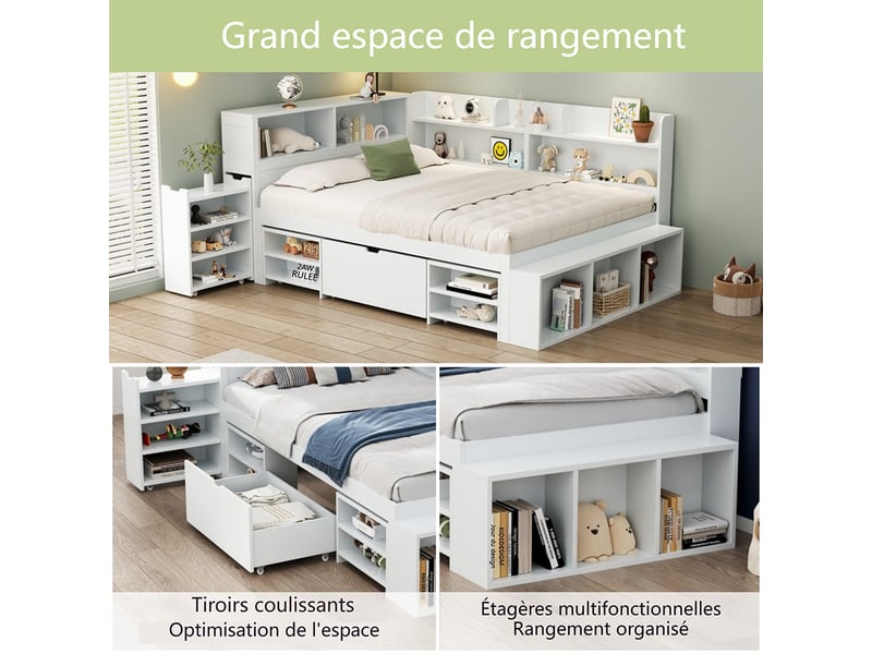  Lit enfant 90x190 cm, lit simple avec tiroirs et étagères de rangement, cadre de lit avec tables de chevet, sommier à lattes, blanc  - Conforama B