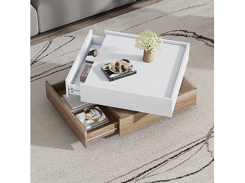  Table basse pivotante avec 2 tiroirs et plateau 360°, structure à 2 niveaux, pour salon, 60 × 60 × 38 cm  - Conforama B
