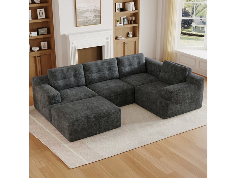 Canapé modulaire 5 places en chenille gris avec pouf, configuration u ou l - Conforama E