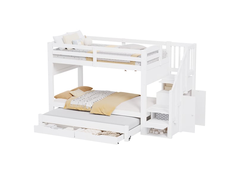  Lit superposé 3 places 90 × 200 cm et 90 × 190 cm, 2 tiroirs, escalier rangement et armoire, sans matelas, blanc  - Conforama A