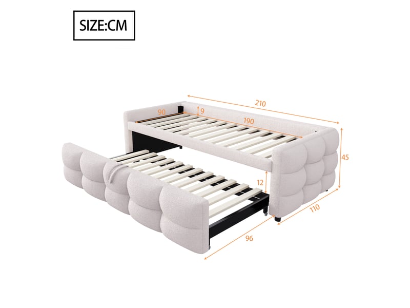  Lit gigogne 90-180x190 cm, lit enfant, lit 2 place, multi gain d'espace, pour chambre, tissu teddy, beige sans matelas  - Conforama C