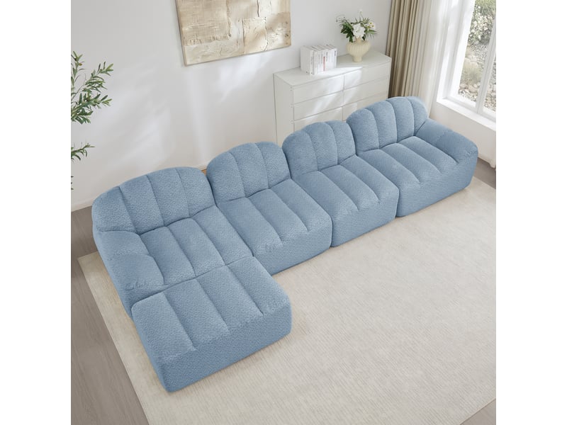  Canapé modulaire 4 places avec pouf, canapé bleu pour salon en forme de coquillage, assise profonde et mousse haute densité 32d  - Conforama C