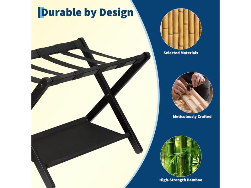 Porte-bagages pliant de luxe en bambou avec étagère, sangles nylon résistantes, charge 50 kg – chambre d'amis, salon, hôtel-noir PHK_37RDR8SN - Conforama C