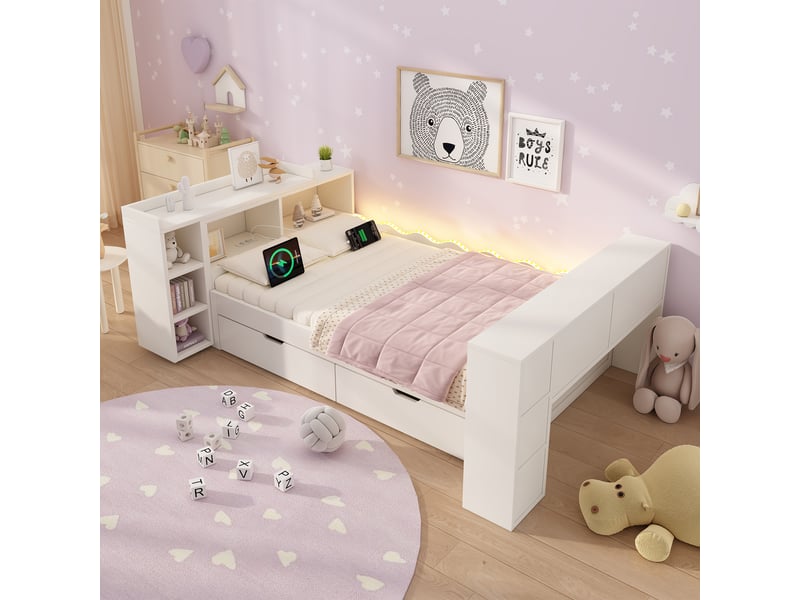  Canapé-lit 90x200cm - avec 2 tiroirs - avec éclairage led et prises de recharge - avec bureau extensible - blanc (matelas non inclus)  - Conforama E