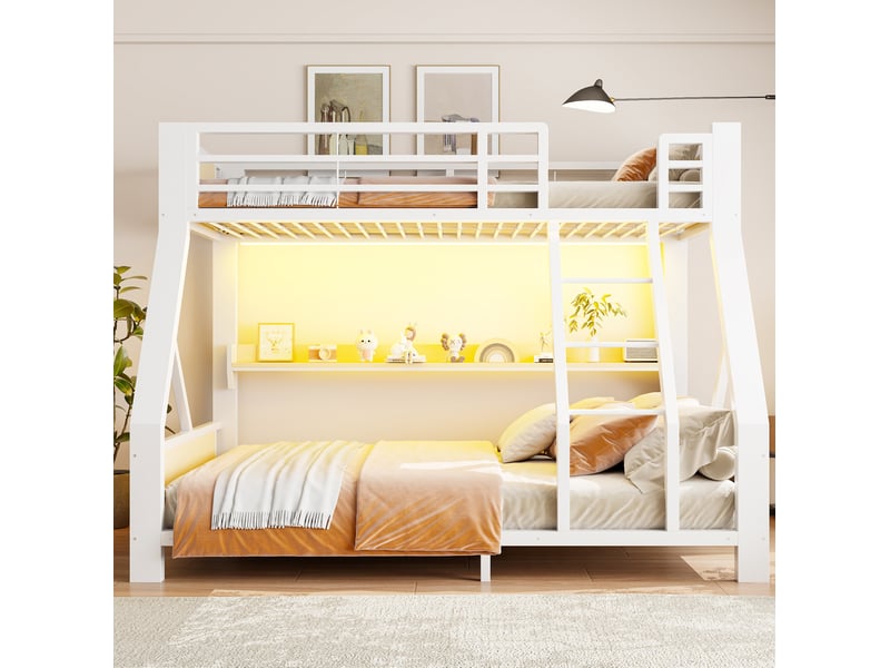  Lit superposé 90x200+140x200 cm, 2 couchages, led, compartiment de rangement, métal et bois, blanc, sans matelas  - Conforama D