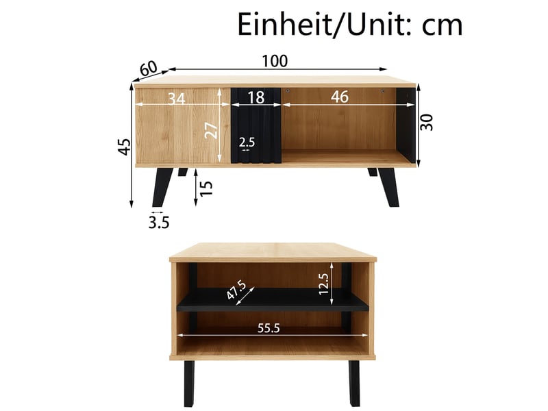  Table basse ulevr avec rangements 100 x 60 x 45 cm, panneau de particules noir et bois naturel, pieds en plastique  - Conforama C