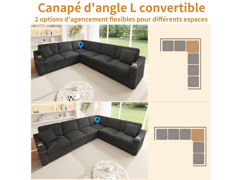  Canapé d'angle modulable 6 places 277x215x85 cm en velours côtelé avec usb type-c, porte-gobelets et 2 coussins - gris  - Conforama D
