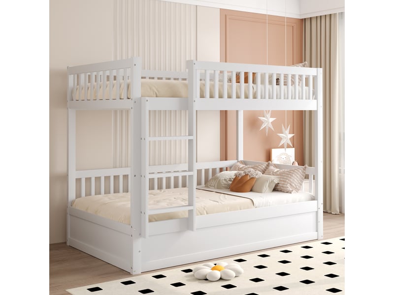  Lit superposé 2 places 90 x 200 cm avec lit coffre hydraulique intégré, lit enfant en bois blanc avec garde-corps, échelle et sommier à lattes  - Conforama C