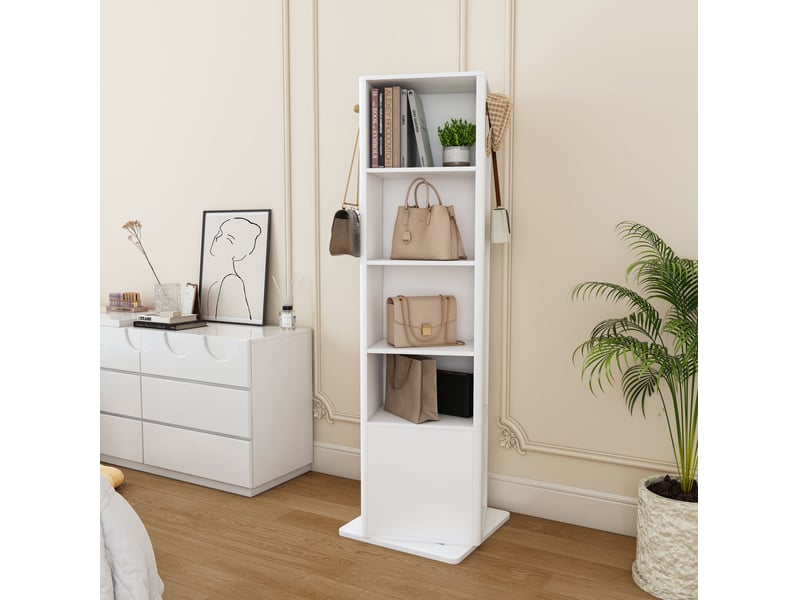  Armoire à bijoux pivotante 360 degrés avec miroir sur pied, rangement, étagères et 6 crochets, blanche  - Conforama D