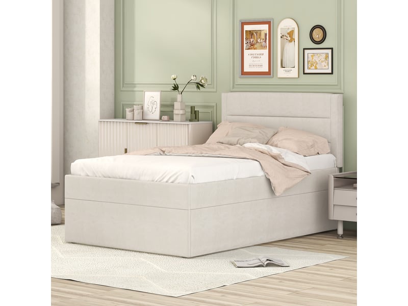  Lit rembourré 90 x 200 cm sans matelas, sommier à lattes, grand rangement, beige pour chambre  - Conforama D