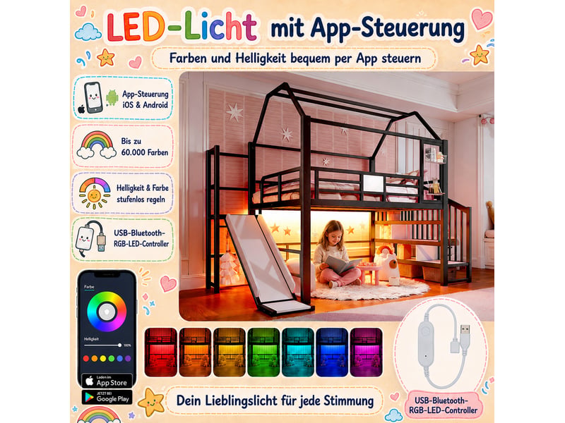  Lit mezzanine enfant tcqpz 140 x 200 cm avec toboggan escalier rangement led bluetooth métal noir  - Conforama E