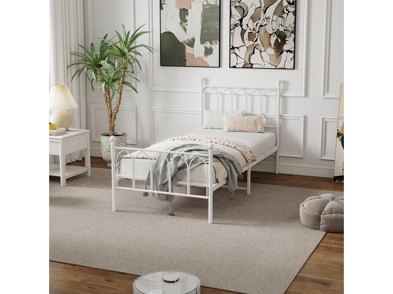  Lit simple 90x200 cm, lit adulte 90x200 cm, cadre de lit en metal blanc avec sommier a lattes, sans matelas  - Conforama W