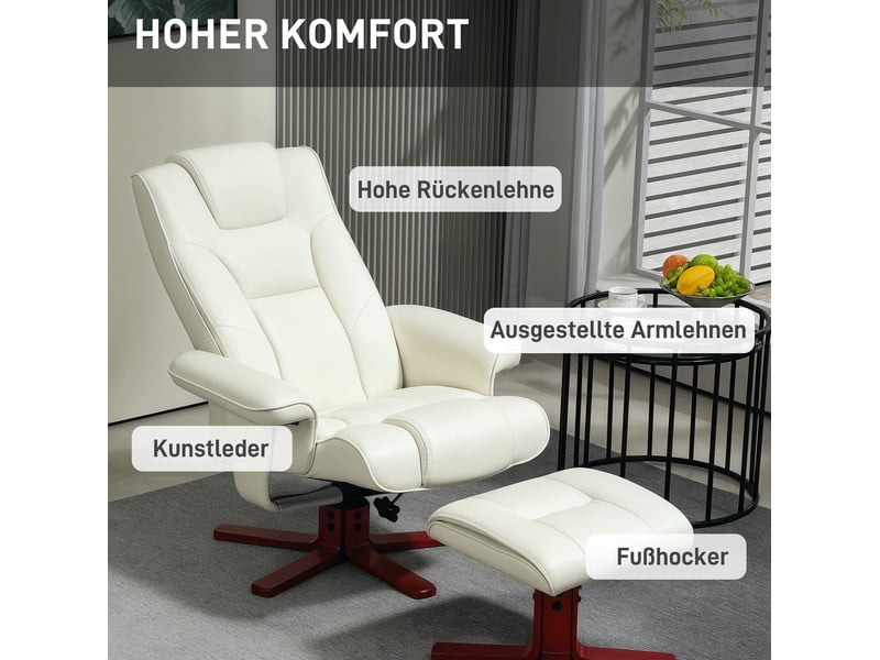 Fauteuil relax avec pouf, dossier inclinable à 135 degrés et fonction à bascule en cuir reconstitué blanc crème  - Conforama E