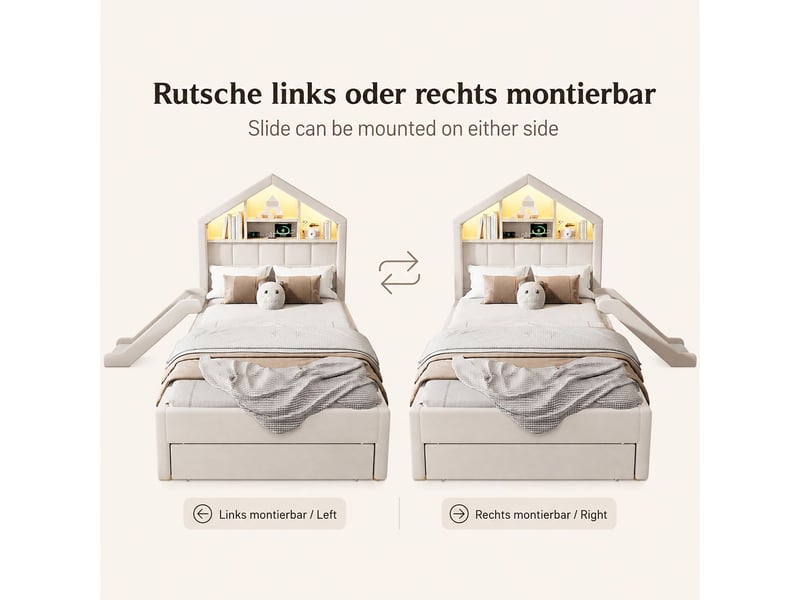  Lit simple 90 x 200 cm éclairage led lit maison rembourré toboggan réversible gauche ou droite finition beige port de charge étagère de tête de lit grand coffre de lit  - Conforama D