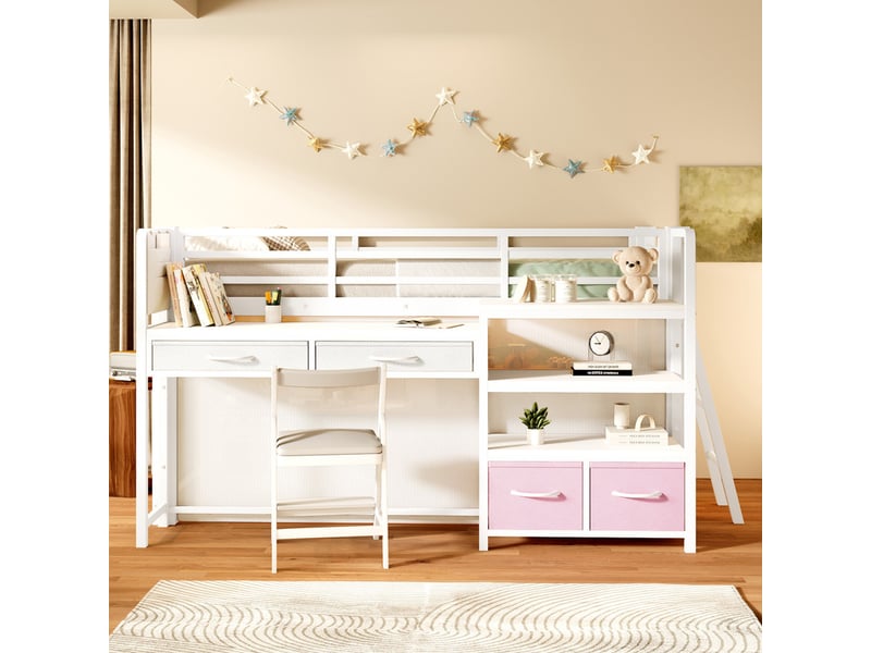 Lit mezzanine métal 90x200 cm - avec bureau et 4 tiroirs - étagères et éclairage led - barrières de sécurité - blanc(sans matelas) - Conforama B