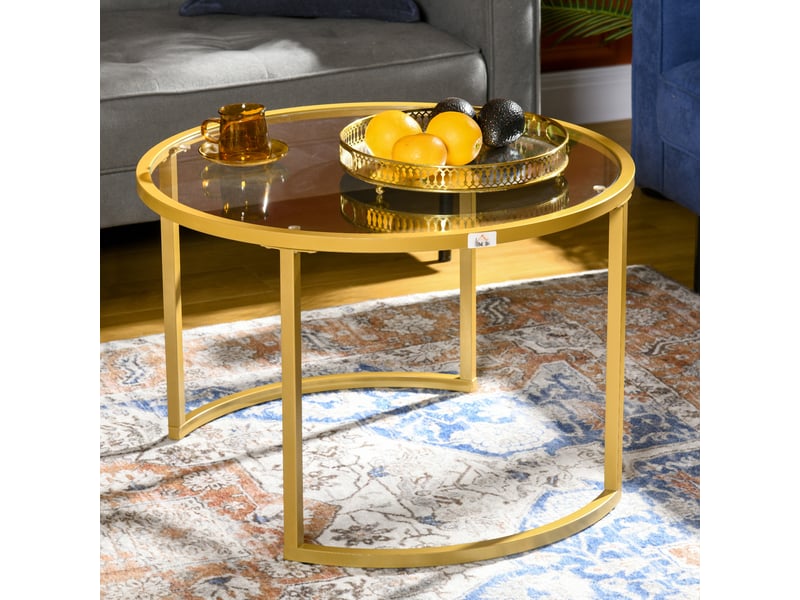  Lot de 2 tables basses gigognes rondes plateau trempé verre et pied en acier au carbone doré  - Conforama W
