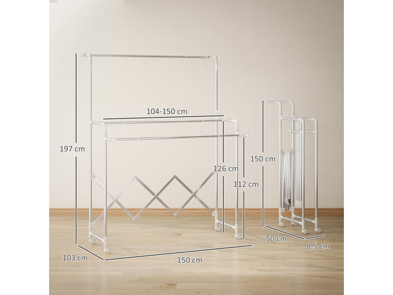  Séchoir à linge pliable étendoir linge intérieur à 3 barres réglables et 4 roulettes 104-150 x 103 x 145-197 cm argent  - Conforama E