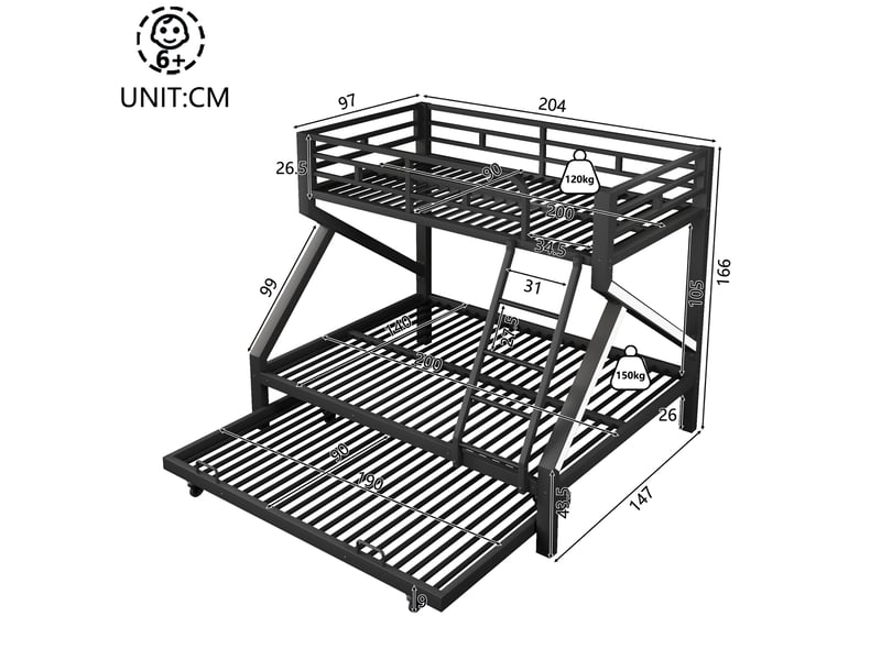  Lit superposé 90 x 200 cm + 140 x 200 cm – avec lit gigogne – avec barrières de sécurité – avec échelle – noir (matelas non inclus)  - Conforama C
