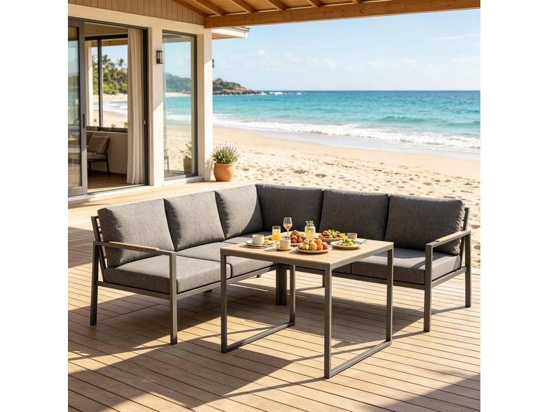  Salon de jardin d'angle 5 places avec table basse, gris foncé  - Conforama C