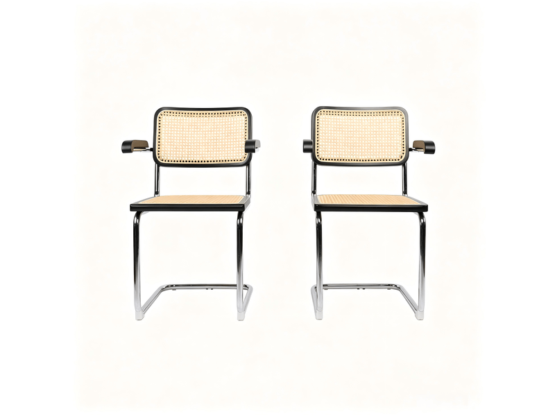  Lot de deux chaises de salle à manger, chaises en bois avec dossier en rotin et pieds chromés, style « brewer » du milieu du siècle, noir  - Conforama A